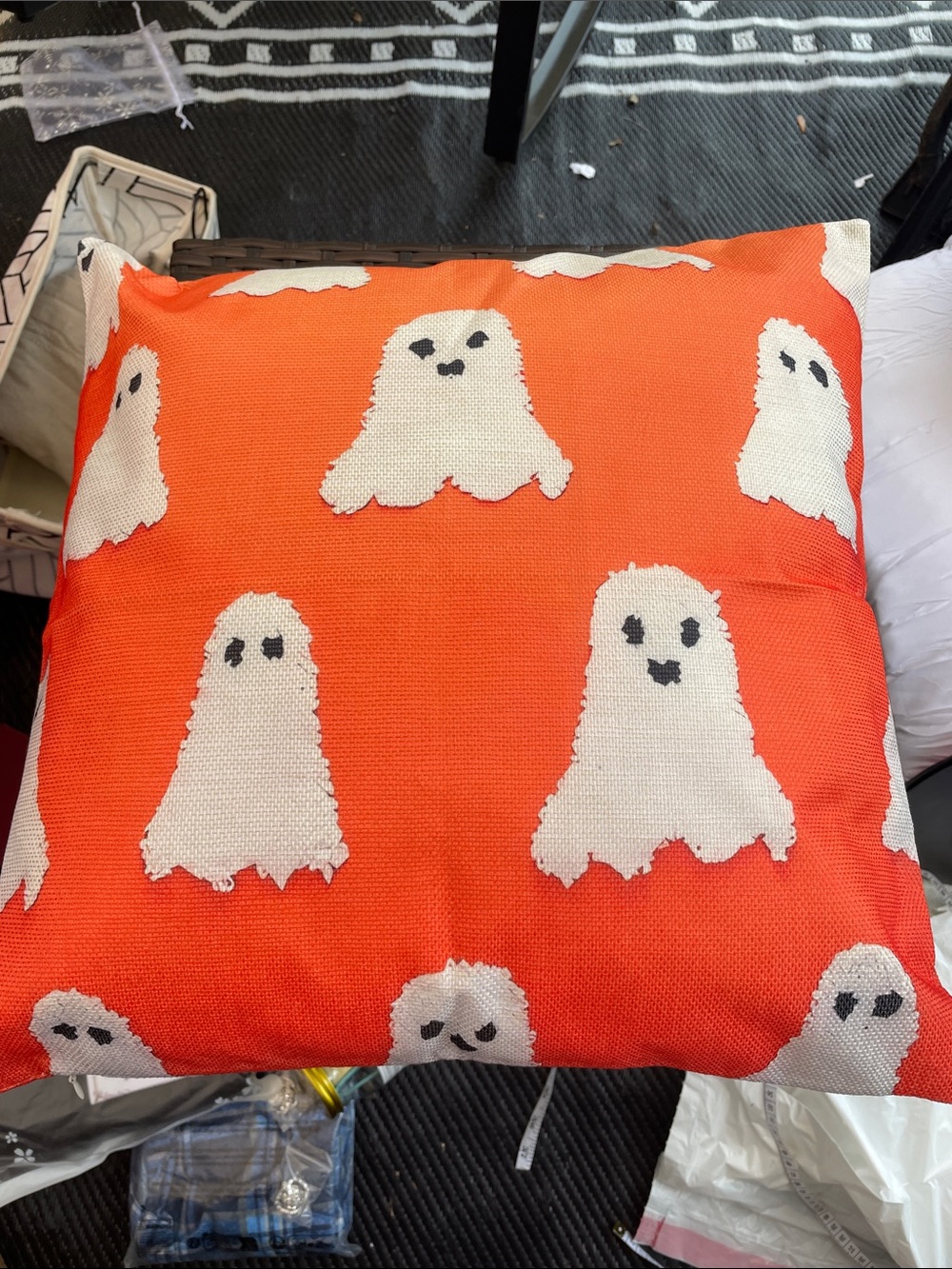 Halloween Ghost Throw Pillow - Orange & White, 16 x 16